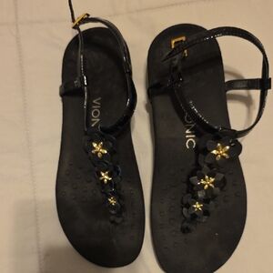 Vionic Black Sandals with Floral Gold Details